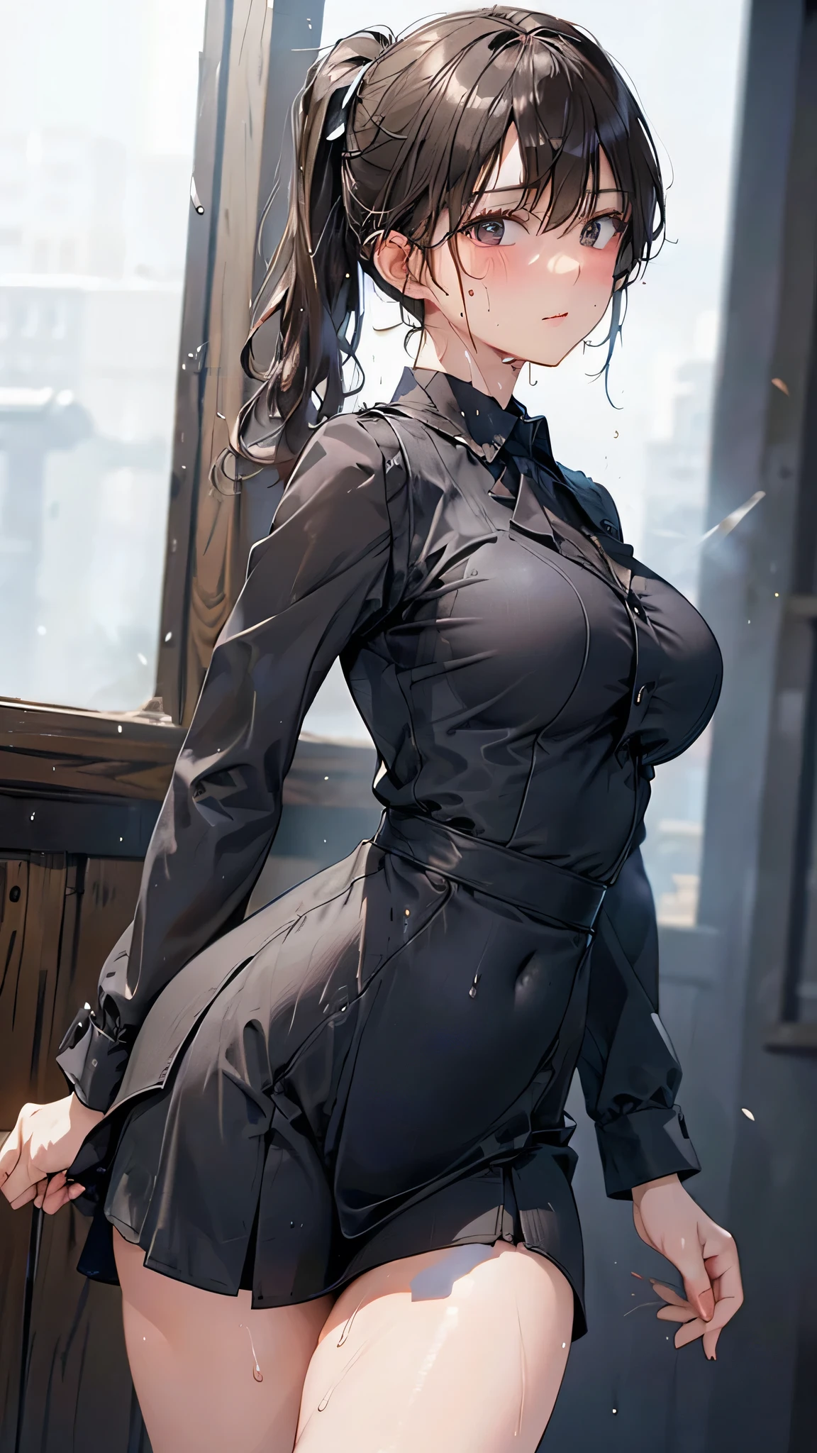 22 years old, (milf:0.8), (solo:1.5), (sfw:1.25), cute breast, beautiful breasts, medium tits,black suspenders,(Bulging ,big breasts:1.1),(Black miniskirt:1.3),garters,Gaze,Small face,bangss,holster,Belt Armament,Beautuful Women, thin waist, big ass:1.0, Raised sexy, (dark green mediumlong hair,side ponytail,hair between eyes,bangs, dark blue eyes, light smile, big , Revimpling fabric, earrings, Hand gloves, detailed face,(smoking:1.3),detailed and beautiful eyes,beautiful detailed lips,Rolling her eyes,manner,(ultra high resolution, 8K RAW photo, photo realistics, thin outline:1.3, clear focus), best qualtiy, natural lighting, textile shading, field depth (Bright pupils, fine detailed beautiful eyes with highlight:1.3, high detailed face), Red lip, fine realistic skins:1.1, looking down viewers:1.3, (dynamic angle:1.3, front view:1.1, breast focus:1.3, from below:1.2), (dynamic posing:1.5, sexy posing:1.2, leaning forward),Youghal, side lock, hair ornaments, hair band,nice,garden background,artistic rendering,Super detailed,(highest quality,4k,8K,High resolution,masterpiece:1.2),Bright colors,studio lighting ,in usa military base,