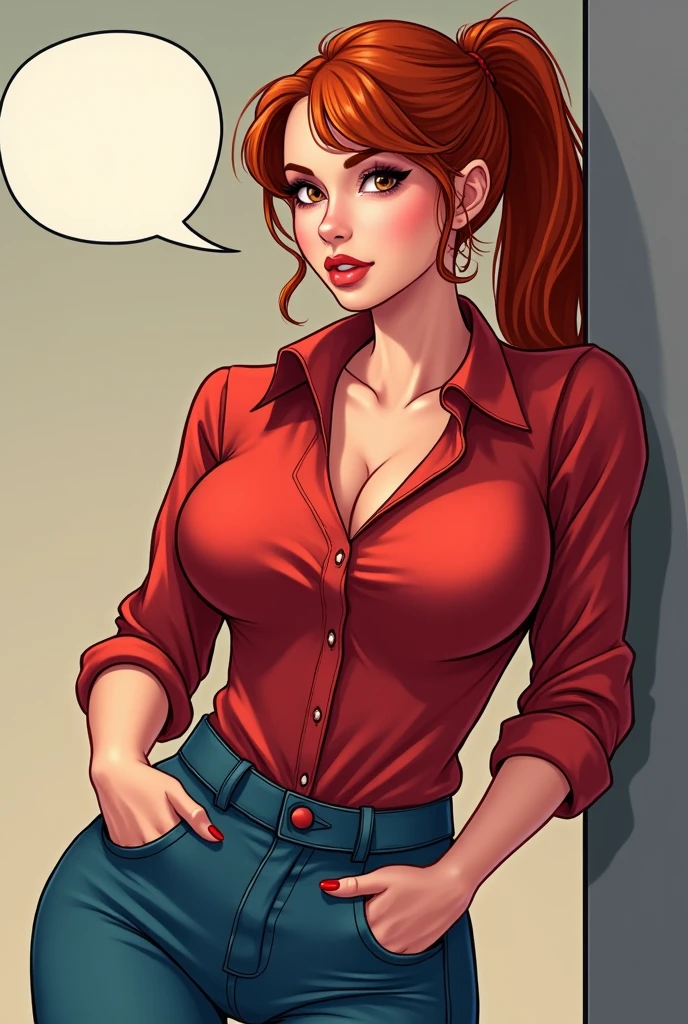 Mulher ruiva com seios grandes, rabo de cavalo, camisa vermelha, denim trousers, casual scenario she is leaning on something, a speech balloon, perfect eyes, perfect hands