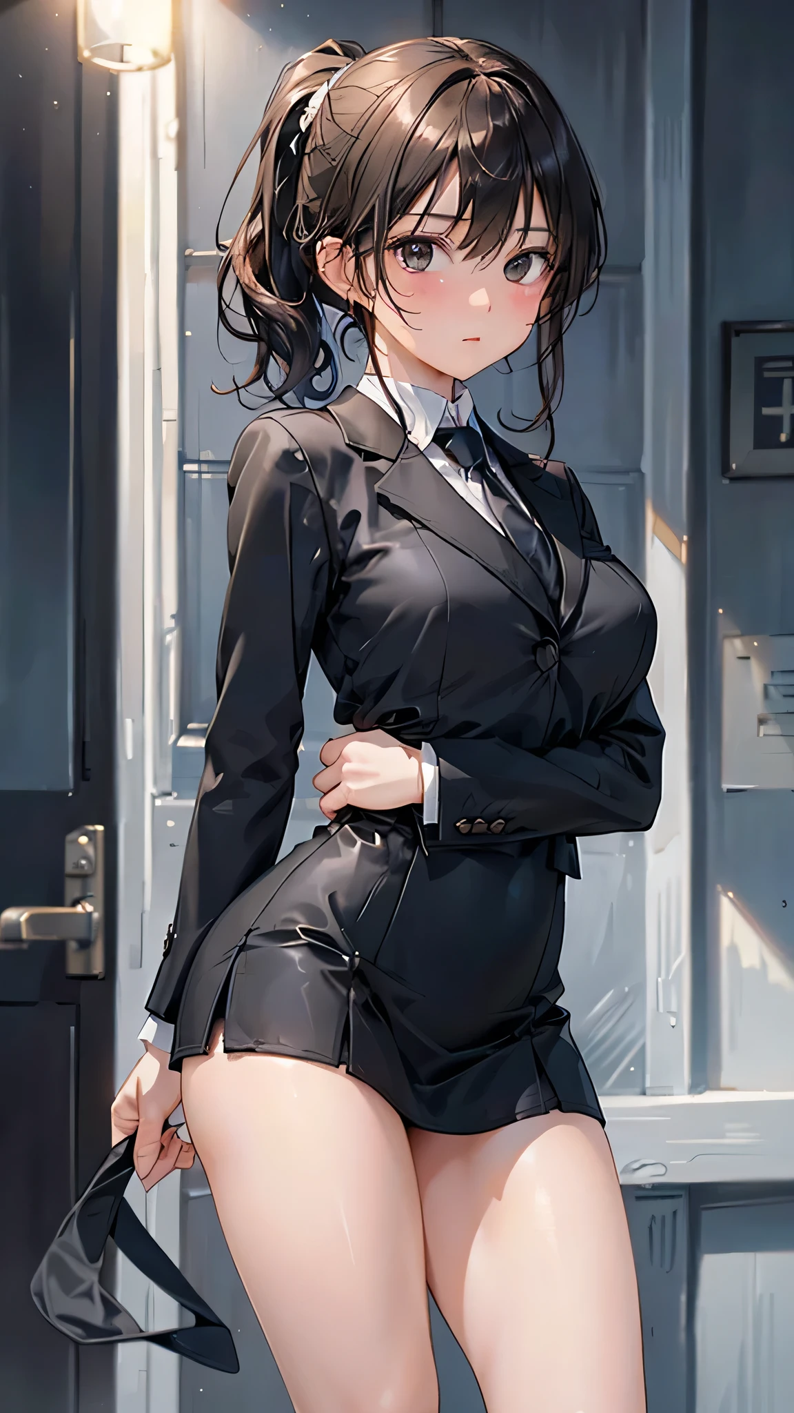 brown hair、looking at the viewer internal bulging big breasts wall: black mini skirt garter sight small face bangs holster Beautiful woman raise your hand レッグholster ベッドに横たわる sight black boots panty shot provocation side side汗 I black suit black jacket black pants white cutter shirt