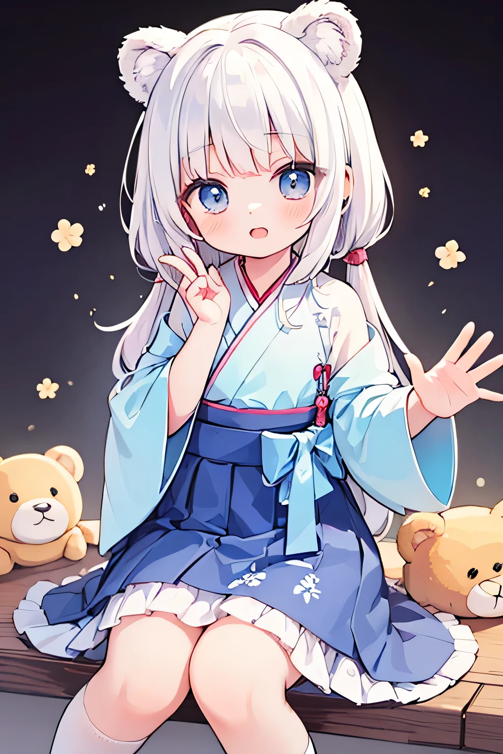 cute bear girl, Wearing a cute hanbok and making a cute expression, Surprise pose with both hands raised on shoulders, White hair,