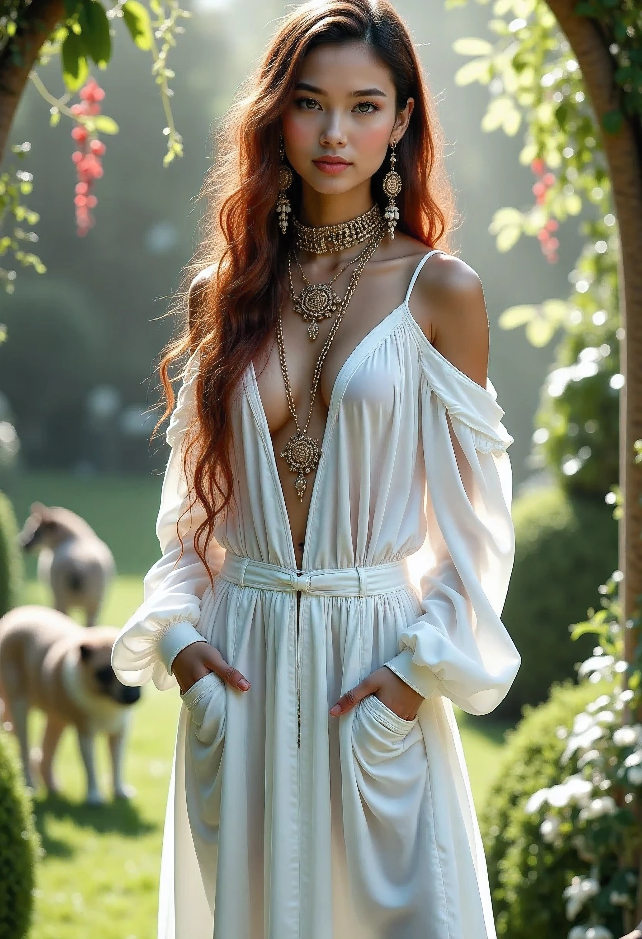 a beautiful woman with stunning green eyes, perfect porcelain skin, full pink lips, elegant facial features, flowing auburn hair, wearing an elegant white dress in a serene garden setting, surrounded by lush green foliage and blooming flowers and a exotic animals, sunlight streaming through the leaves, creating a warm, ethereal atmosphere, (best quality,8k,32k,perfect body,ultra detailed face,detailed eyes,beautiful woman,flawless skin,green eyes,flowing hair,elegant dress,serene garden,lush foliage,blooming flowers,warm lighting)