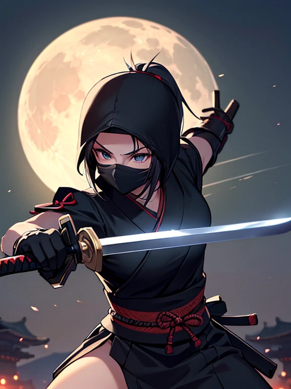 1girl, beautiful, ((ninja)), ninja_clothes, black mask, detailed face, dagger, (holding a samurai sword:1.2), battle stance, backboard of japanese castle, night, moon light, intricate details, cinematic lighting, moody atmosphere, dramatic shadows, (best quality, 4k, 8k, highres ,masterpiece:1.2), ultra-detailed, extremely detailed, realistic, studio lighting, physically-based rendering, vivid colors, professional