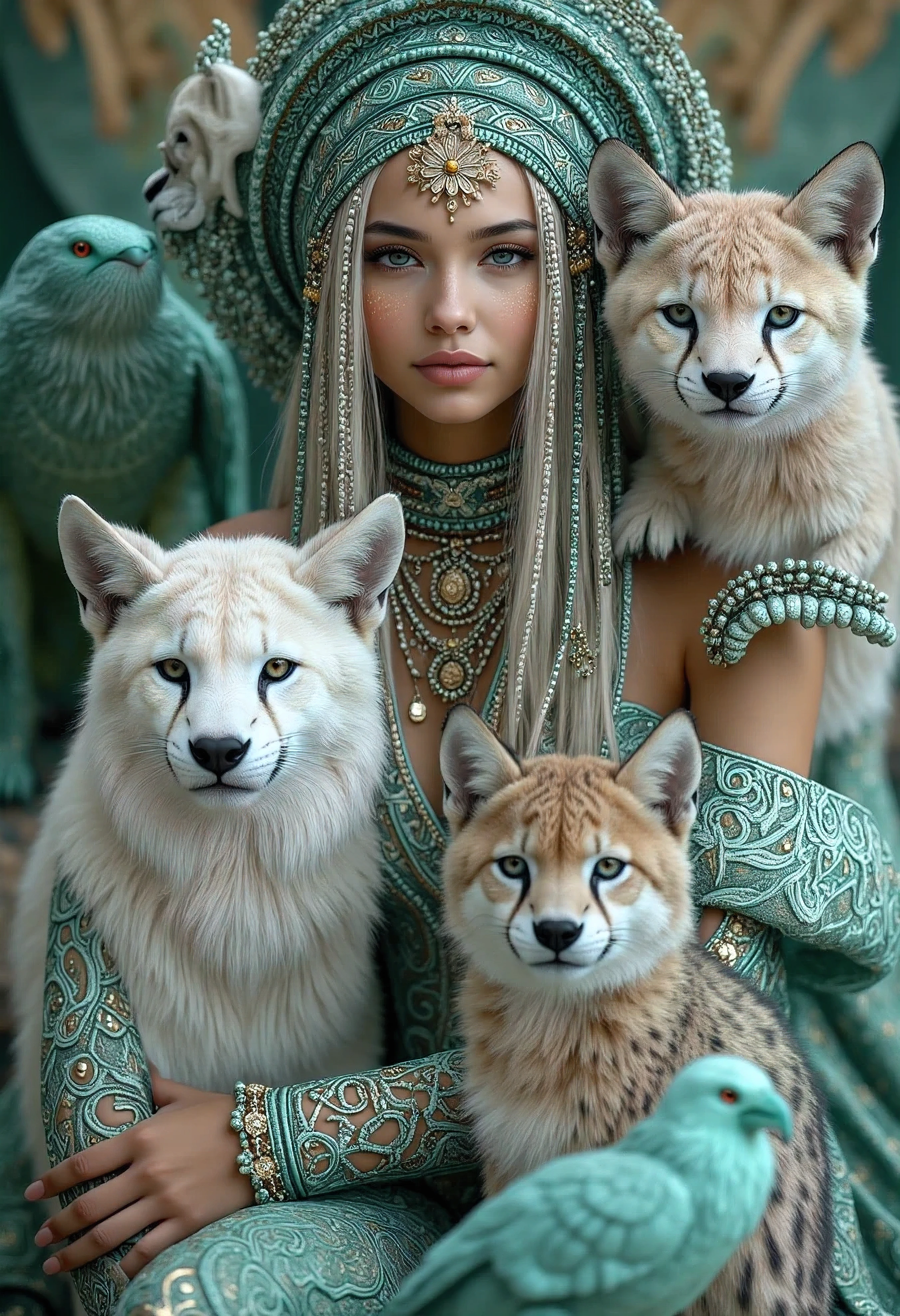 full body image, a1 girl long hair, surrounded by exotic animals
