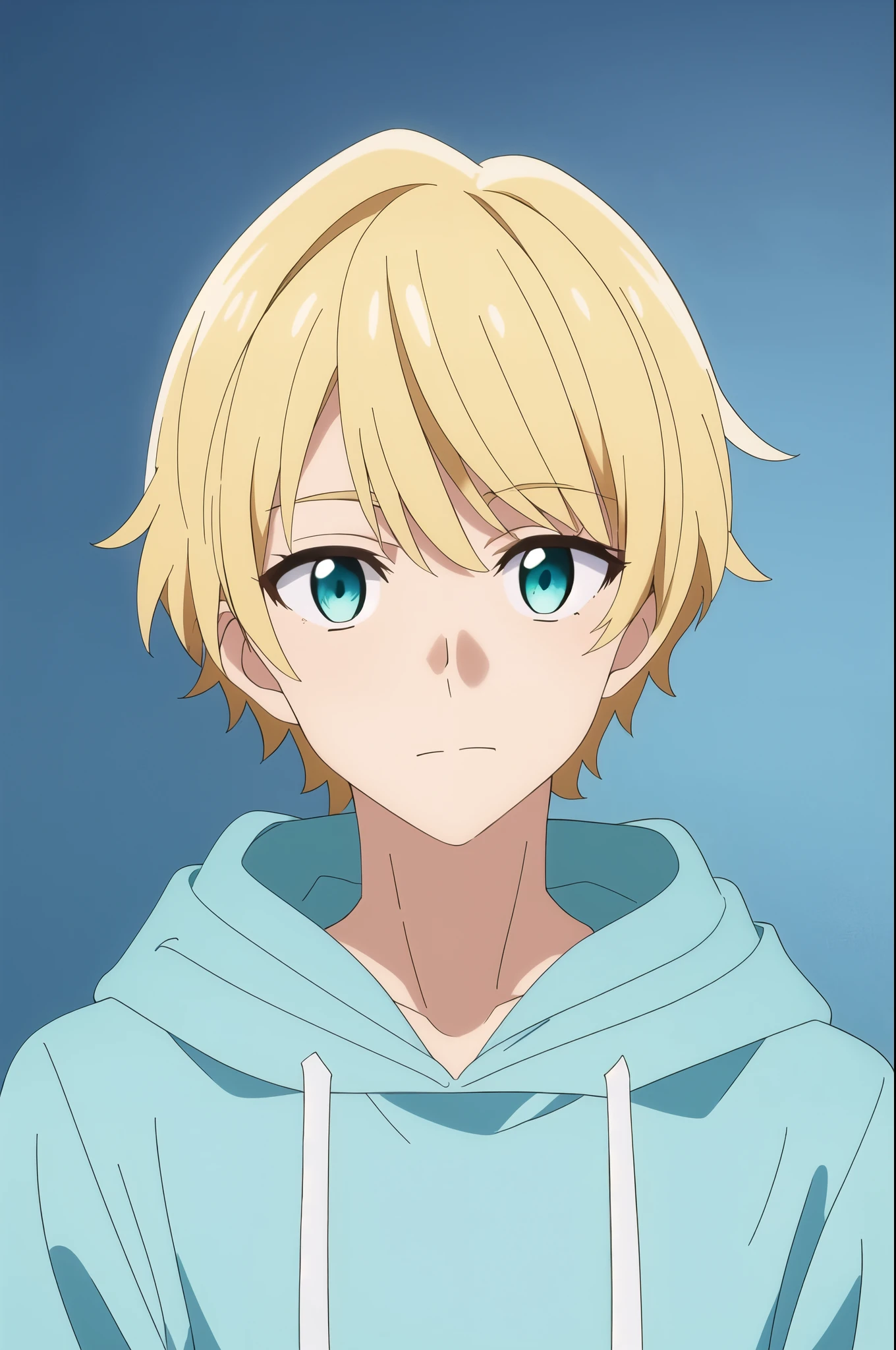 masterpiece, best quality, , 1boy, solo, male focus, looking at viewer, upper body, , tasuku_kuresawa, blond hair, , blue eyes, cyan hoodie, pastle background