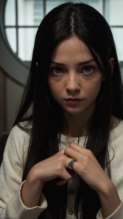 cinematography, full shot of a girl with long straight black hair, wearing a dirty hospital gown, standing in a weird way, capture through the cracked window glass, realistic skin texture, rule of the thirds, bokeh, mystery, horror, unholy, eerie, creepy, moody lighting, in the style of denis villeneuve, film still, cinestill 800