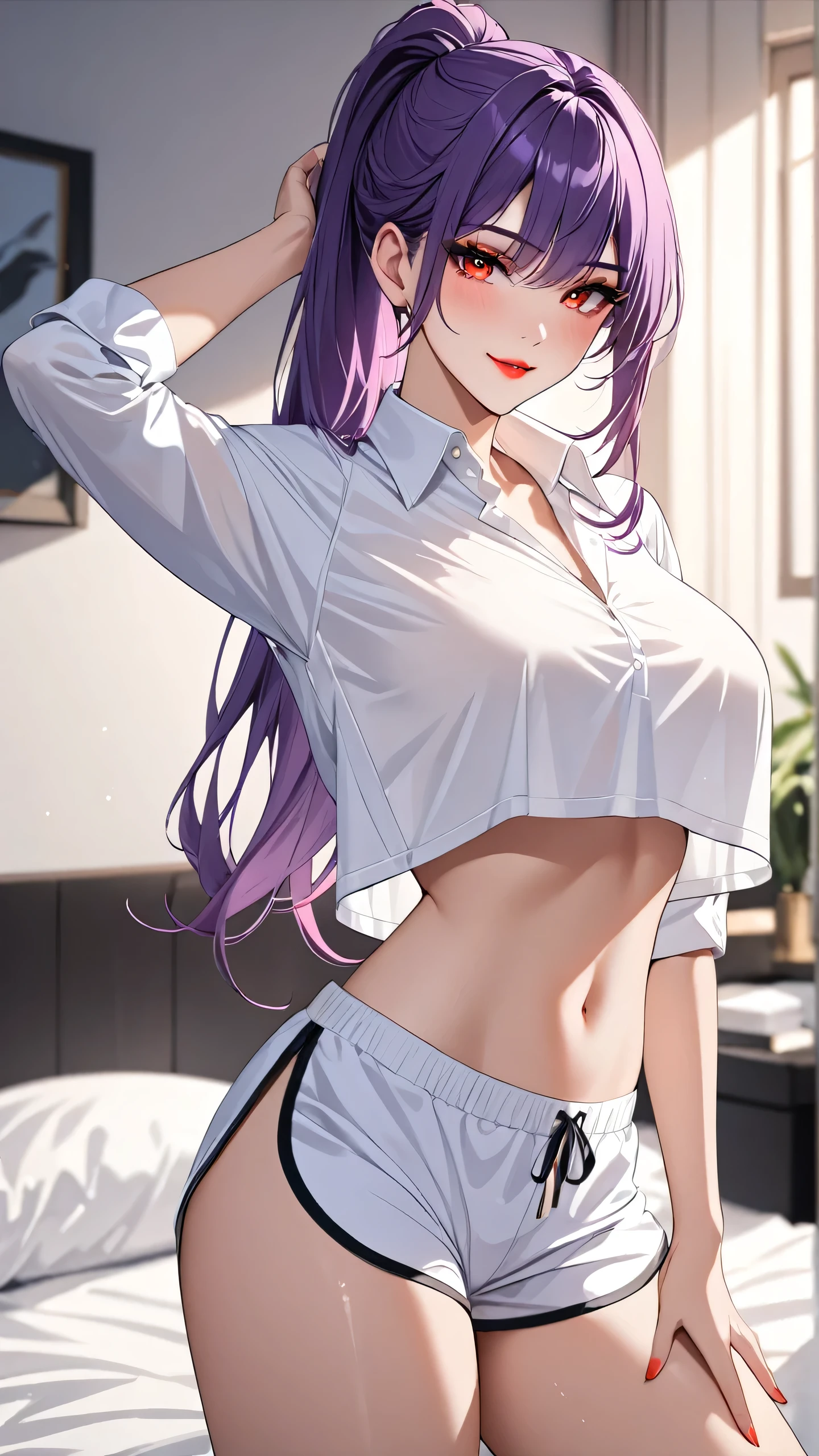 Highest quality　masterpiece　High resolution　masterpiece, purple messy  hair,　　red glowing Eyes, high pony tail, seductive lips, teasing smile, big breast, white long-sleeved collared shirt, bedroom, make up, glowing, beautiful, crop top overhang, hand behind the head, dolphin short, tight