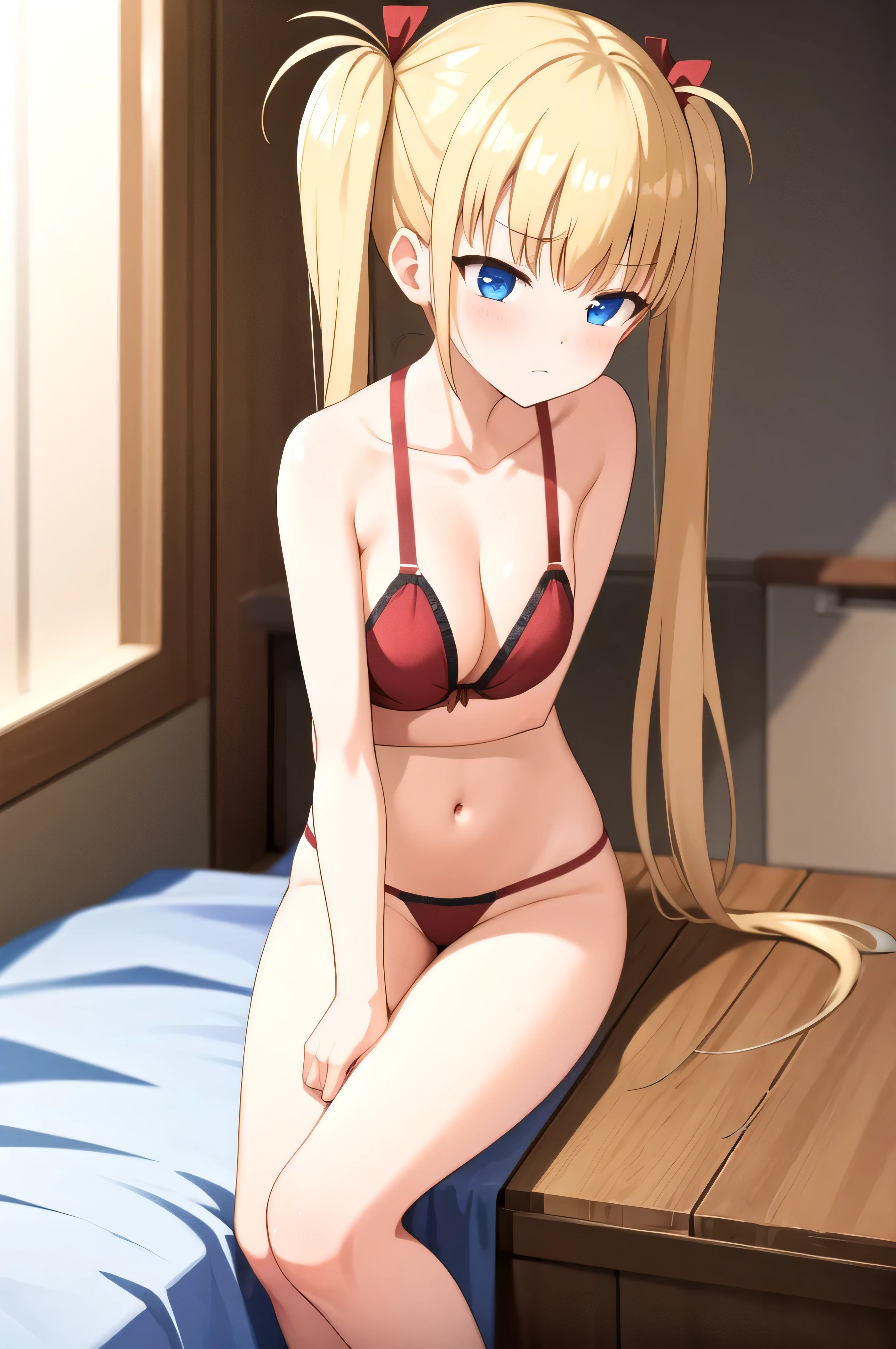 1girl, akizuki airi, blue eyes, blonde_hair, twintails, very_long_hair, she is wearing it in her hair_ornament red, hair_scrunchie red, medium_breasts, Bikini, pink bikini, full body, She is naked with an apron, bed, white bed, lying down, dakimakura, ranking: explicit,