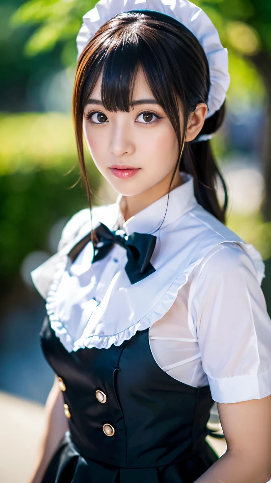 A 20-year-old maid with a cute face like an idol Smiling Kindly Japanese maid cafe outfit Maid clothes mini skirt Cosplay Cleavage Medium bust 公園の草むらにしゃがみIs peeing Is peeing RAW Photos Natural light Genuine Genuine Real Stick High resolution RAW Photos