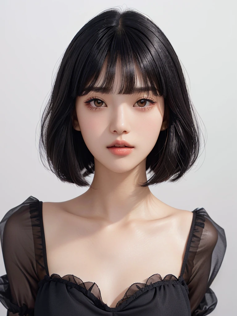 Oval bob hair、Japanese、One girl, High resolution, Bangs between the eyes, Open your mouth a little, Black organza outfit、Light makeup、Droopy eyes、Thin, light-colored eyebrows、Eyebrows, eyes, mouth and nose are 2cm above、Narrow face and pointed chin、Neck is normal length、Put out the left ear