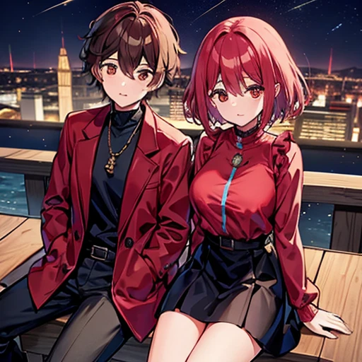 A girl with red eyes and bright hair, red blouse and shirts, green crystal on her chest, sitting next to a boy with short black hair on the lips, ojos marrones, lentes, red jacket with a night city behind them and shooting stars in the sky, kind eyes and true friendship between them