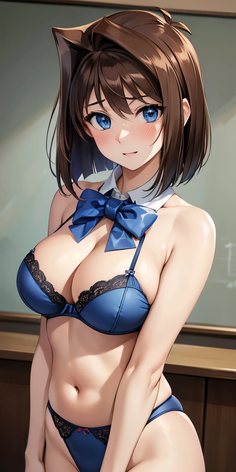 1 Female,High definition,high resolution,Ultra-realistic,8K, aamazaki, (antenna hair:1.2), blue bowtie,blue eyes,European,sexy,Upper body close-up,Photographed from the front,Dynamic Angles,private teacher,A little sheer underwear, underwear,blush, big tits 