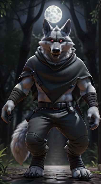 death (puss in bootale, muscular, wolf, canid, fluffy, standing, night, forest, claws, paws, low angle view, long hair, black sclera, red eyes, tail, front view, action pose, (black poncho:1.2), clothed, bottomwear, pants, belt, white body, black fur, black fur, grey fur, forest, moonlight night,
BREAK, sexy
by virtyalfobo, by anchee, by snowskau, by foxovh, by sabretoothed ermine, (intricate, high detail, film photography, soft focus, RAW candid cinema,
photorealism, realistic, photorealistic, analog style, subsurface scattering,
masterpiece, best quality, ultra realistic, 8k)