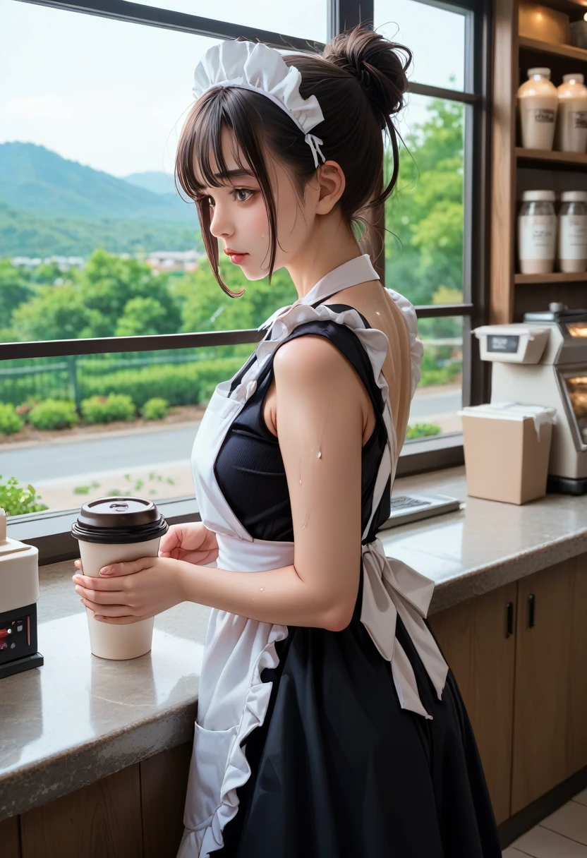 One Woman, Alone, High resolution, UHD,Realistic Face, , sweat,Landscape, Boyish hairstyle, Beautiful breasts,,Secret,,Maid Cafe,,Making coffee,Ass close-up,,Age 30,,,黒のトップスに白いapron,Maid uniform,apron,Coffee shop,Inside the store