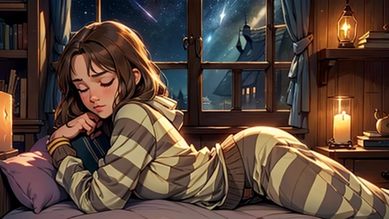 1girl, 11yo, young face, slender body, small breasts, buttocks, hips, thighs, buttcheeks,
"A cozy scene of a young girl resembling Hermione Granger from her first year at Hogwarts. She is sleeping peacefully in her homeroom, lying on a comfortable couch. Her appearance is of an 11yo girl with bushy brown hair, wearing simple striped pajamas. The room has a warm, magical atmosphere with wooden walls, shelves filled with books, and softly glowing candles or enchanted light. The window shows a starry night sky, casting a gentle glow on her sleeping face."


