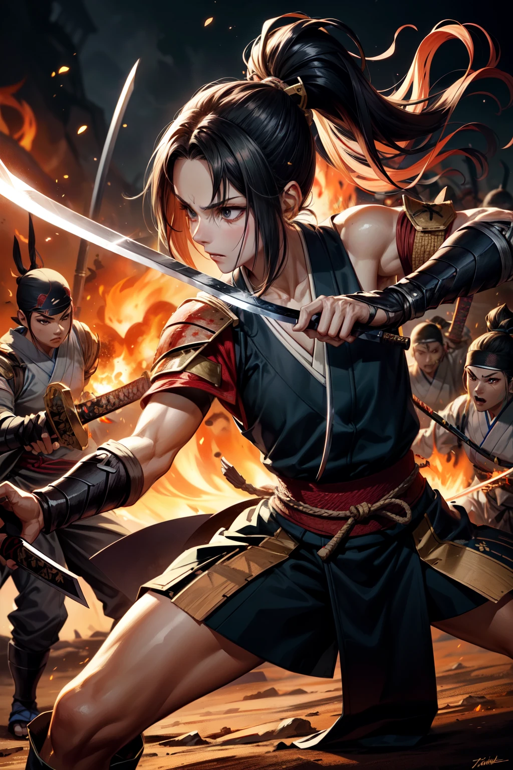 One Girl, warrior,Japanese sword,anime,Anatomically correct, A series of character actions, Ninja,ponytail, masterpiece, Textured Skin, Action Painting, Surrounded by enemies,battle,Flaming Sword