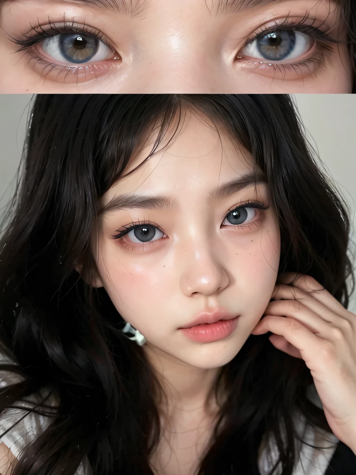 On the bed、Close-up photo of a beautiful naked woman、Black Hair、bangs、Place two images, up and down