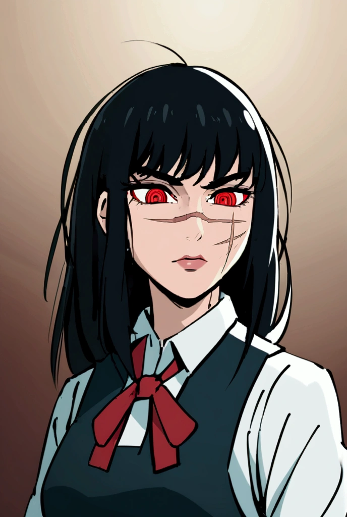 Yoru, female, scars, beautiful, black hair, red eyes, school uniform, manga style