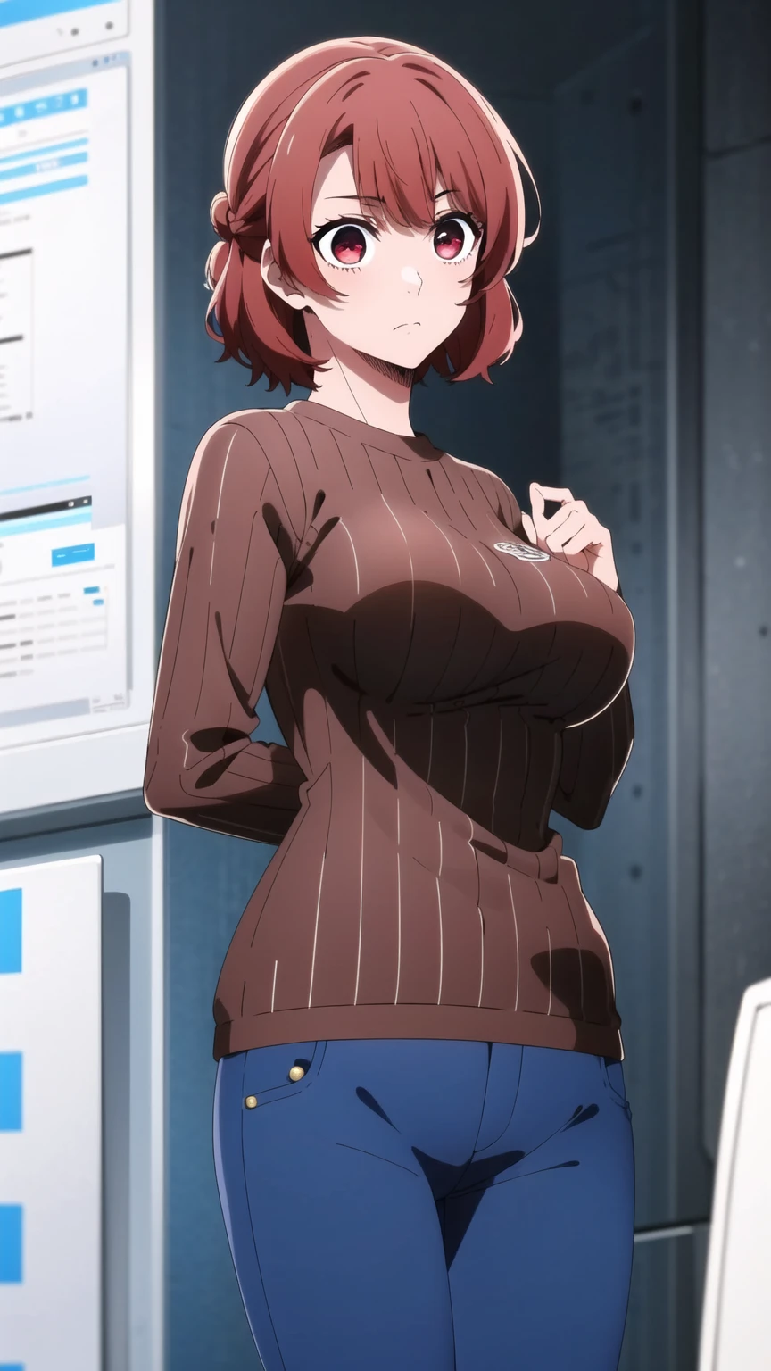 ((masterpiece)), ((Best Quality)), starter, One Girl, Medium Chest, short_hair, red_hair, red_eye, Alone_concentrate, indoor, 、Perfect body、Cowboy Shot、Score_9,Score_8_up,Score_7_up,One Girl,red hair,red eyes,short hair,Alone,Large Breasts,Ribbed sweater,jeans,Please put your hands behind your back,Browse your viewers,Surprised