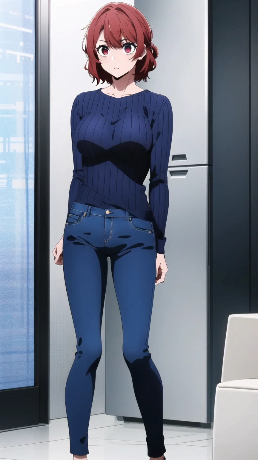 ((masterpiece)), ((Best Quality)), starter, One Girl, Medium Chest, short_hair, red_hair, red_eye, Alone_concentrate, indoor, 、Perfect body、Cowboy Shot、Score_9,Score_8_up,Score_7_up,One Girl,red hair,red eyes,short hair,Alone,Large Breasts,Ribbed sweater,jeans,Please put your hands behind your back,Browse your viewers,Surprised