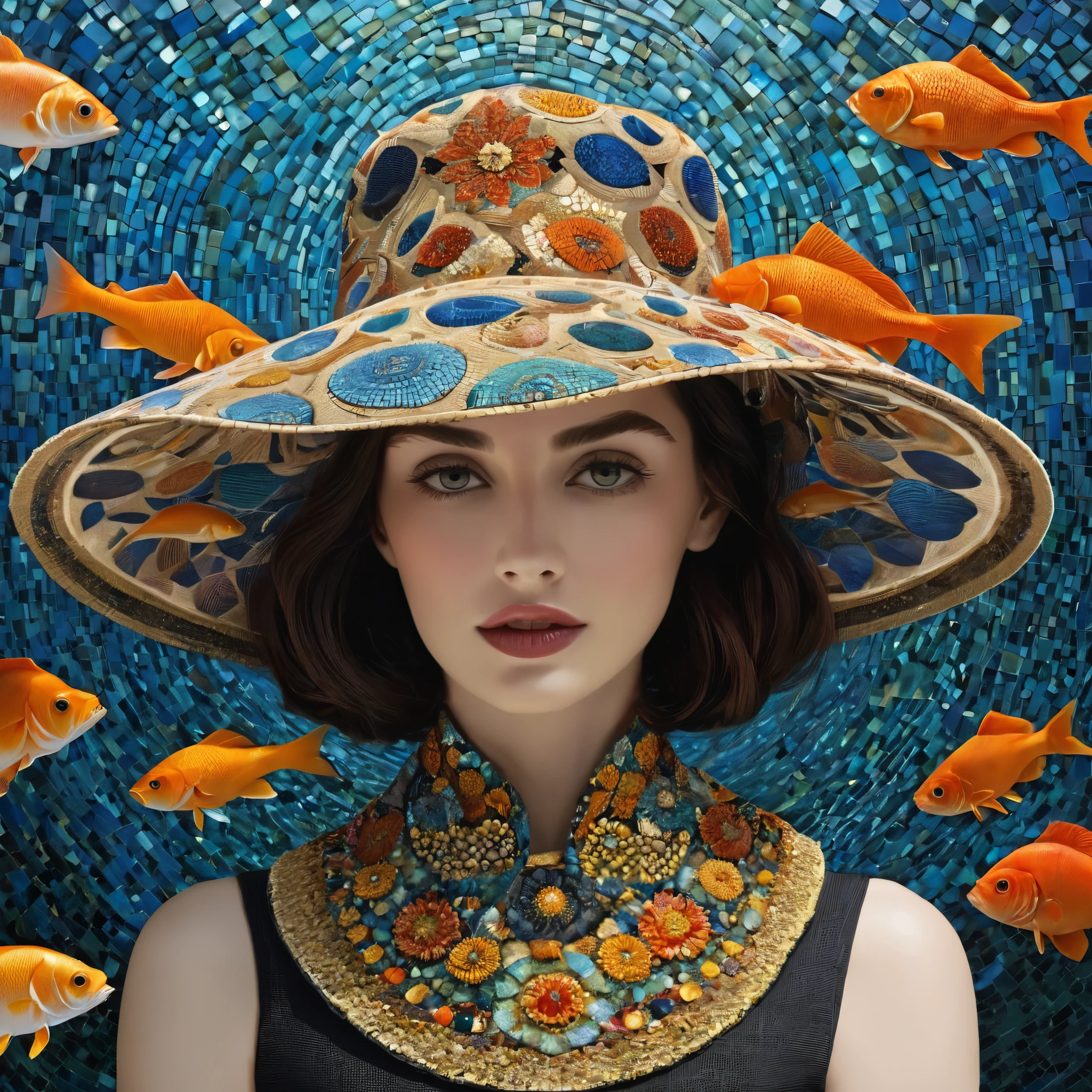 Portrait of a woman in a hat, Optical Paradox:1.2 unfolds as a fish:1.1. Swim in Eternal Falls:1.2, The scales reflect the intricacy of a mosaic pattern.:1.1, A tribute to the artist&#39;s obsession:1.2. , Escher&#39;s Art, 