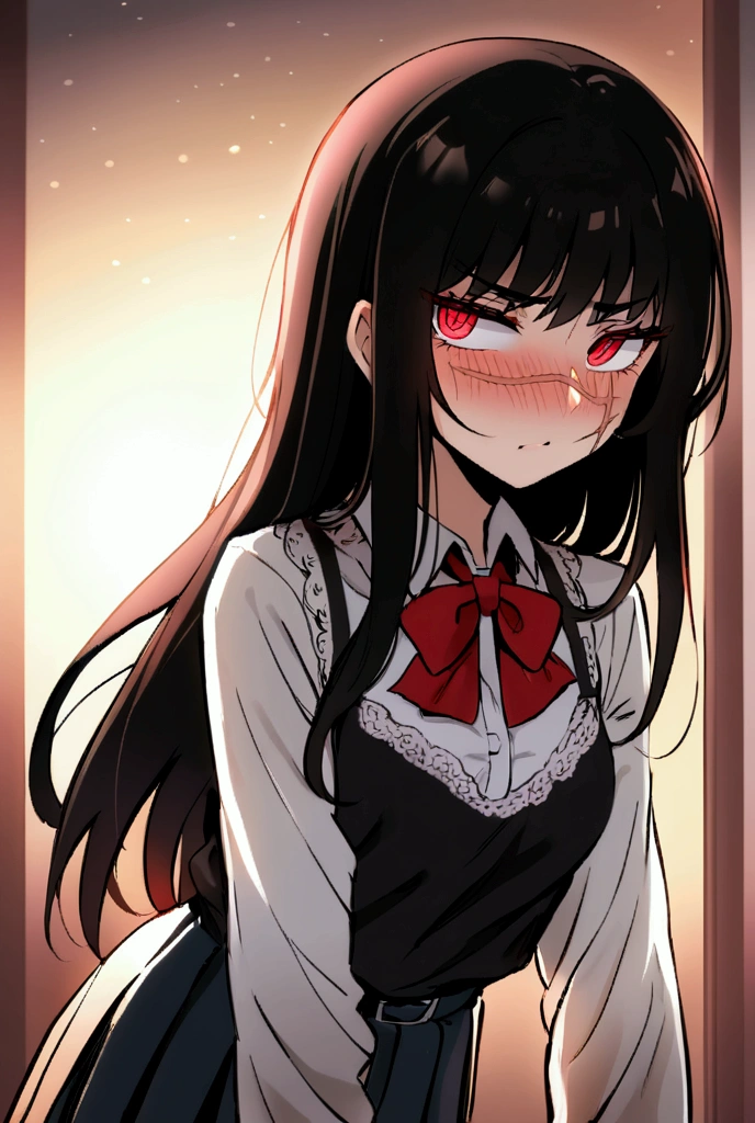 Yoru, female, scars, beautiful, black hair, red eyes, school uniform lingerie, blushing, manga style