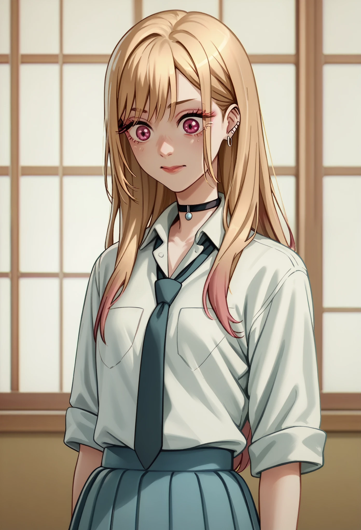 Female character Marin Kitagawa smiling with blonde hair with pink tips, She wears a traditional Japanese school uniform with a white shirt with a black tie and a light blue skirt.