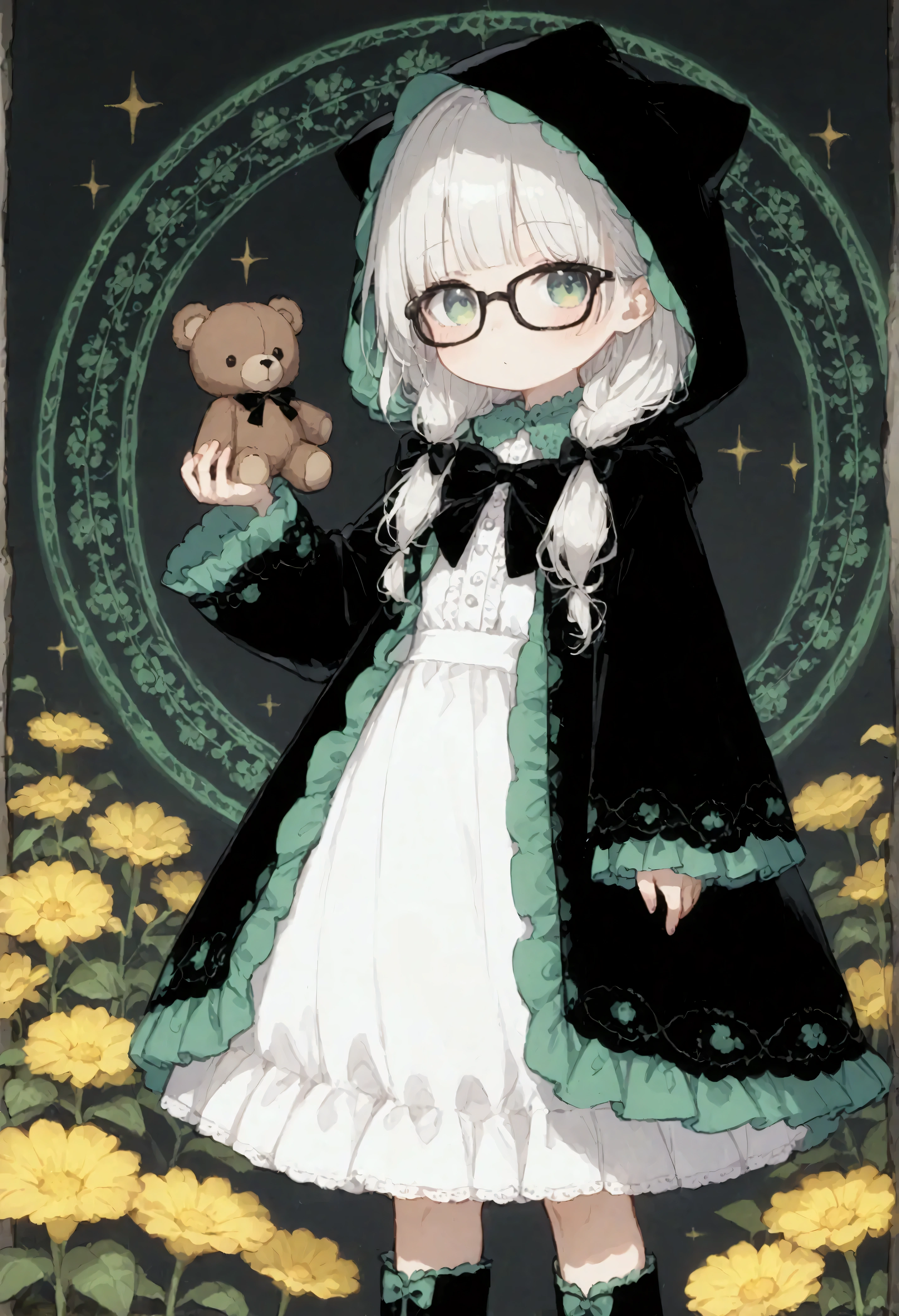 
Sepia brown filter, ((((((text saying “REBOOT”)))))), 1girl\(cute,little kid, white skin, pale skin,((wearing ((simple)) black hood\([no ear]\))) , black robe\(hood,beautiful gorgeous white embroidery with many detailed flower pattern\), ((white frilly dress)), (((wearing black glasses))), (((green Jade eyes))), black long boots, white hair, bangs, shoulder length bob hair, holding magic stick, using magic,\) standing at side looking at magic circle, ((1teddy bear\(brown, small, fluffy, cute black bow around neck, cute pose, familiar sprit\) standing)), a big shining magic circle\(Beautiful geometric patterns\) on the center of the ground\(so many beautiful colorful petals are overflowing with many beautiful sparkles\), happy atmosphere