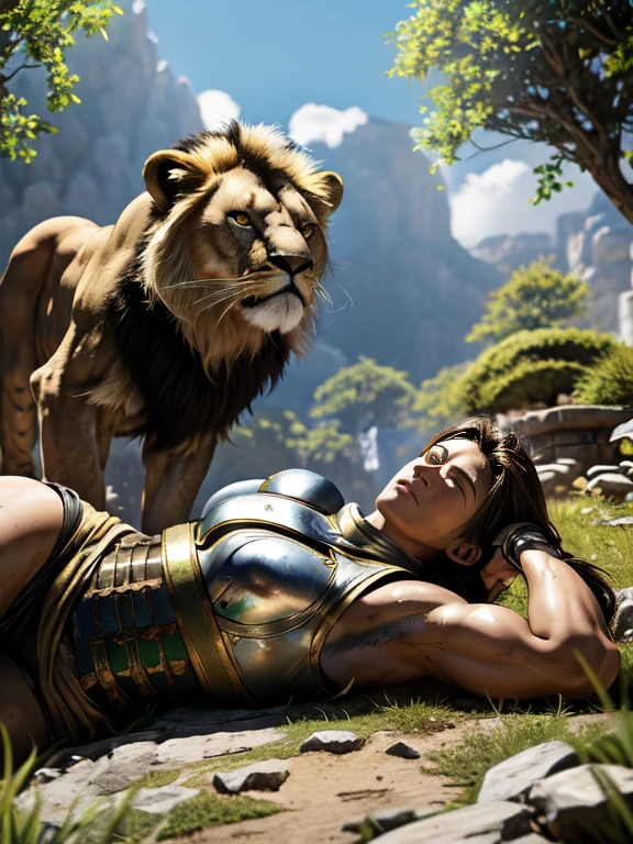 Ultra Real、Anime-like depiction、/(ultra-ancient times、BC3500 Settings、Armenian realistic/), ３ｍA huge, mythical lion、Boy illustration。/(A huge brown lion with scars on its face lies down/)、The protagonist is a boy、The youth remains(The model bears a slight resemblance to a very young Arnold Schwarzenegger.)、Webbed brown hair reaches down to her shoulders。The physique is good、Very broad shoulders and slender、The physique of a young boy、Carrying a large broadsword。Worn brown and green tunic clothing、and leather shoulder pad、Small tattered leather breastplate、Broken Gauntlet、Roman Sandals。Wounds all over the body。Escaped from the arena with the lion。A giant lion and a boy resting、Hilly terrain with forest and limestone rocky ground。Spring grassland。