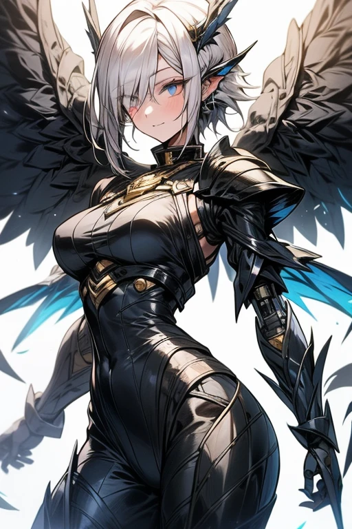 top-quality、Top image quality、​masterpiece、girl with((Silver and black mechanical body armor、silver mechanical arm、silver leg arms、Shining red body line、sixteen years old、teen ager、cute little、Best Bust、big bast,Beautiful shining purple eyes、Breasts wide open, white  hair、black mechanical wings,Longhaire、A slender,Large valleys、belligerent movements,holds a black sword、posterior view、emphasis on the buttocks)),hiquality、Beautiful Art、Background with((Midnight City、Pillar of fire、fluttering white feathers)))、,masutepiece、depth of fields,Cinematic style