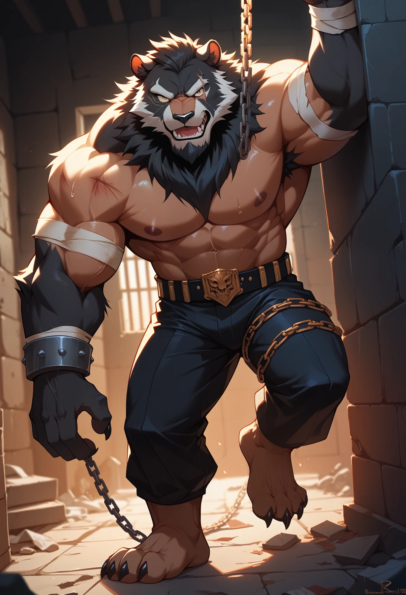 Best quality, masterpiece,ultra high res,detailed background,realistic, real shadow and light,depth of field, looking at the viewer, strong arm and veins, (furry male), (Black panther furry), slave outfit, topless, collar on his neck, older, elder, beard, Sexy body, angry face, sweat body, bandage on shoulder and arm, injured, bloodstained, bandage on body, underground prison, dirty and dim, Buffy, old guy, middle aged, full body, close up, buffy, muscle, open mouth, huge scar on his body, aggressive, hands hanging with chains, hanging with with wall, black fur, tan skin.