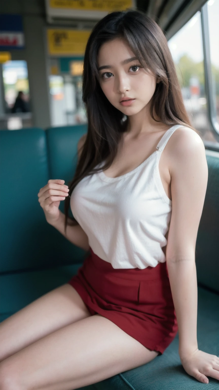 (NSFW:1.0) stunning sexy woman, bob hair style with bangs, long straight hair, (closed eyes:1.0) in the bus, mini skirt, tight wet shirt, open legs . head lean to the windows