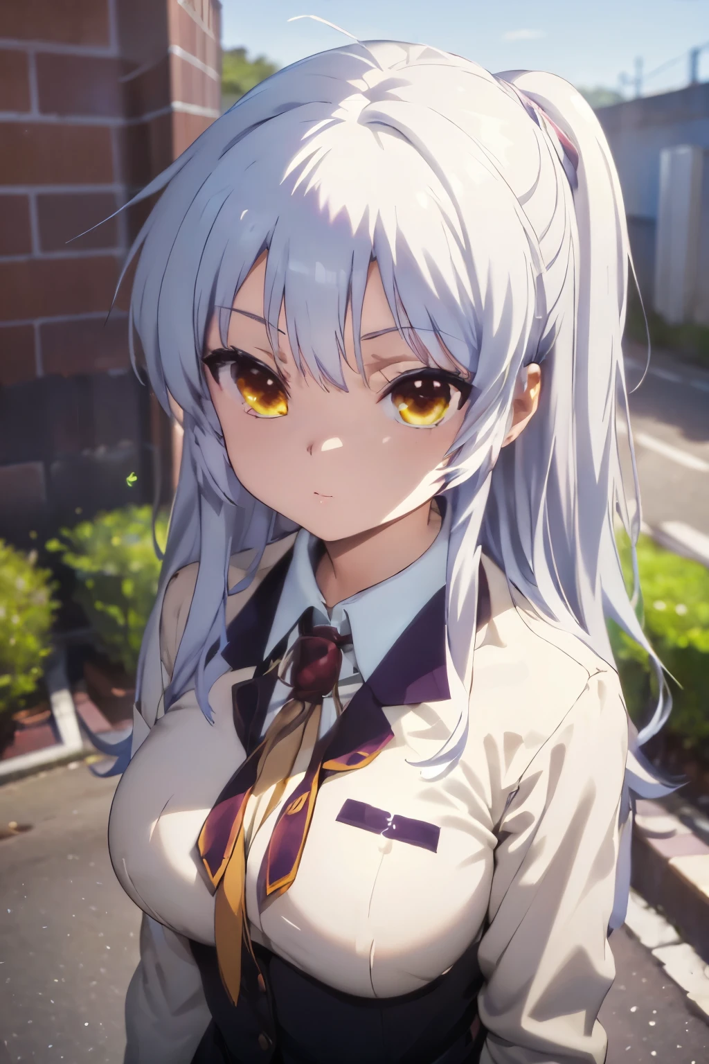 (((Pixel Perfect, Perfect details))), Solitary, 1 Girl, ，Tachibana Kanade, School Uniform, For viewers, Shut up，Golden Eyes，White hair，Big breasts