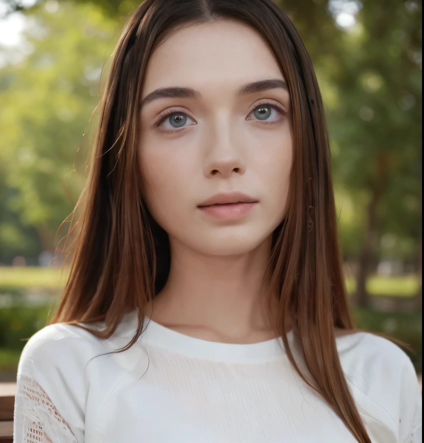 RAW photo, (a portrait photo of a woman: 1.2), low light, ((in park: 1.1)), (highly detailed skin: 1.1), detailed eyes, 8k uhd, dslr, soft lighting, best quality, grainy film, Fujifilm, Beautiful. plain shirt, miniskirt, model legs, (High class: 1.1) (photo realistic: 1.4), (realistic: 1.3), (best quality real textured skin: 1.4), fine detail eyes, good quality eyes, (increases the beauty of skin texture: 1.1) standing. ULTRA graphics, real life person