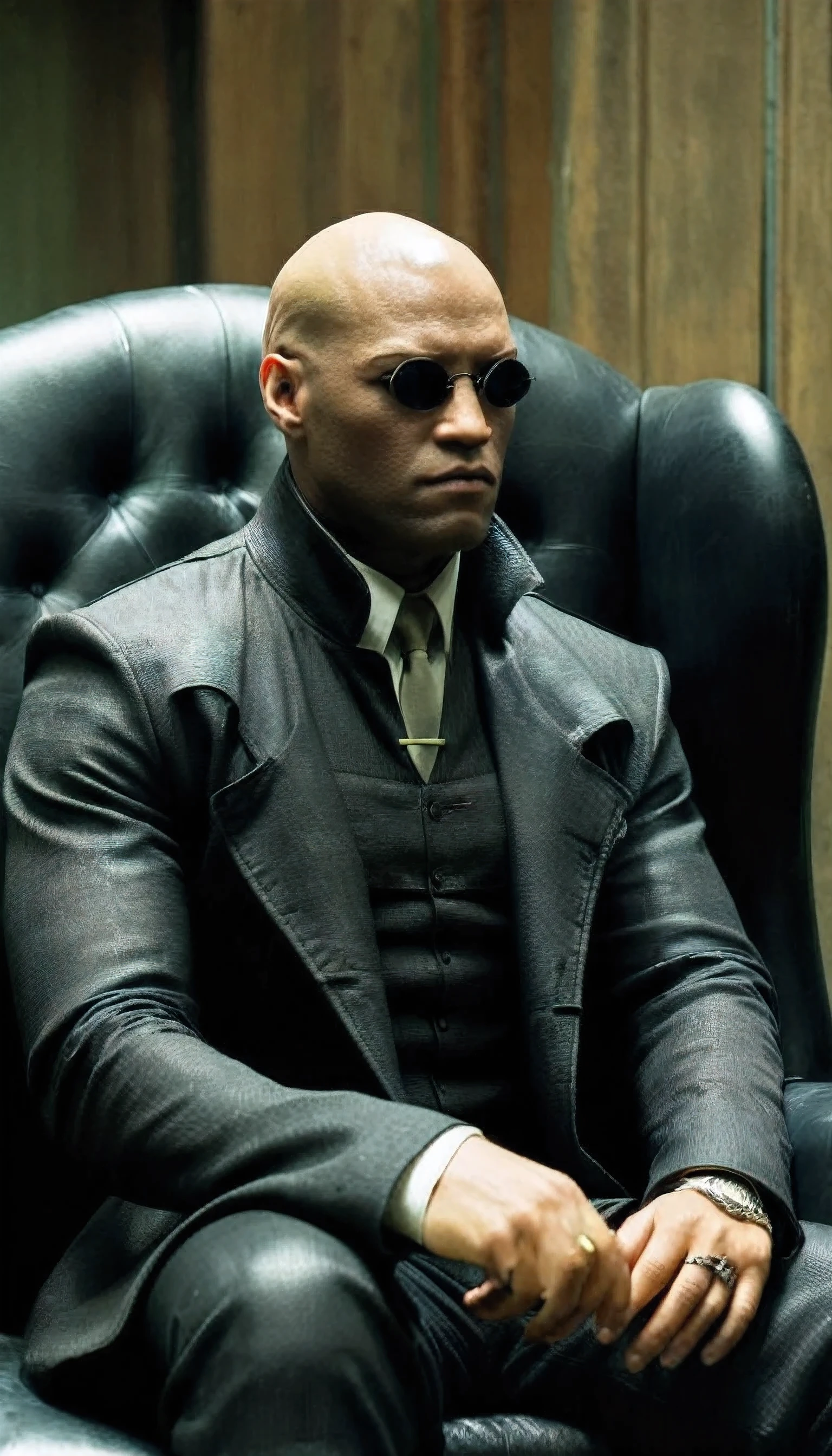 Horror-themed,  Morpheus solo, black skin, boy, sitting, jacket, male focus, artist name, signature, chair, sblack round sunglasses, realistic, bald The Matrix Style, Eerie, unsettling, dark, spooky, suspenseful, grim, highly detailed