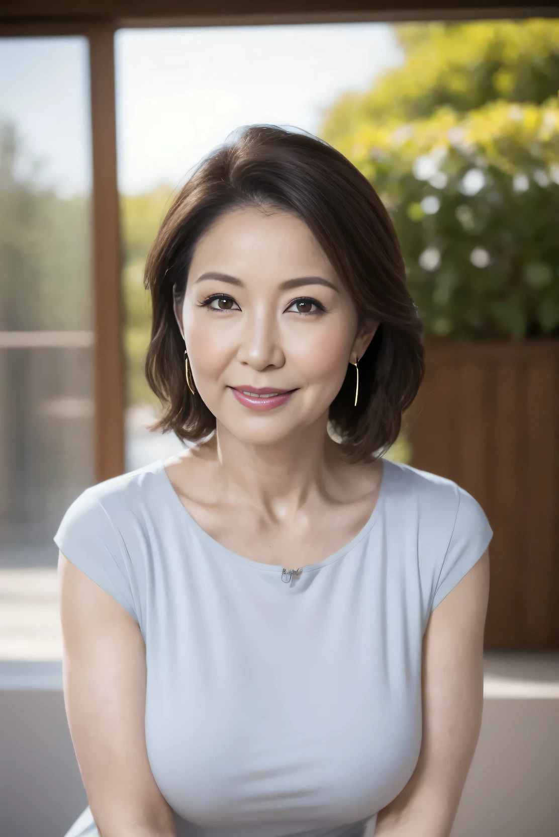 Mature attractive woman,50 years old,(Bodycon:1.2),Big Breasts,smile,(Facial wrinkles:1.3),light makeup,Light Brown Hair,Long Hair,Earrings,A bracelet,8k, RAW Photos, Please redeem,masterpiece,Please redeem,(standing,Head to Knee),Bokeh,sunlight,