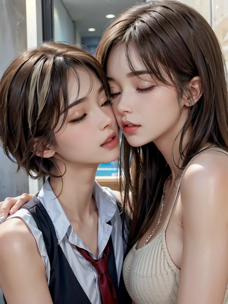 ((2 Japan schoolgirl)), ((2 Cute Girls)), 18 years old, yuri, (school uniform), (red neck tie), perfection female form, perfection face, Glossy pink lips, Expressive eyes, eye shadow, eyeliner, Huge natural breasts, (Narrow waist), light brown hair, short hair, (floating hair), expressive hair, (over-rim glasses), long eyelashes, (cowboy shot), (((kiss, kissing))), bedroom, Closed eyes, nsfw, UHD, masterpiece, accurate, anatomically correct, textured skin, super detail, high details, high quality, best quality,