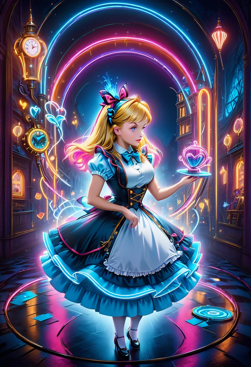 1Girl, Alice in Wonderland, Victorian, Steampunk, Large Breasts, Neon Light, Wonderland Setting