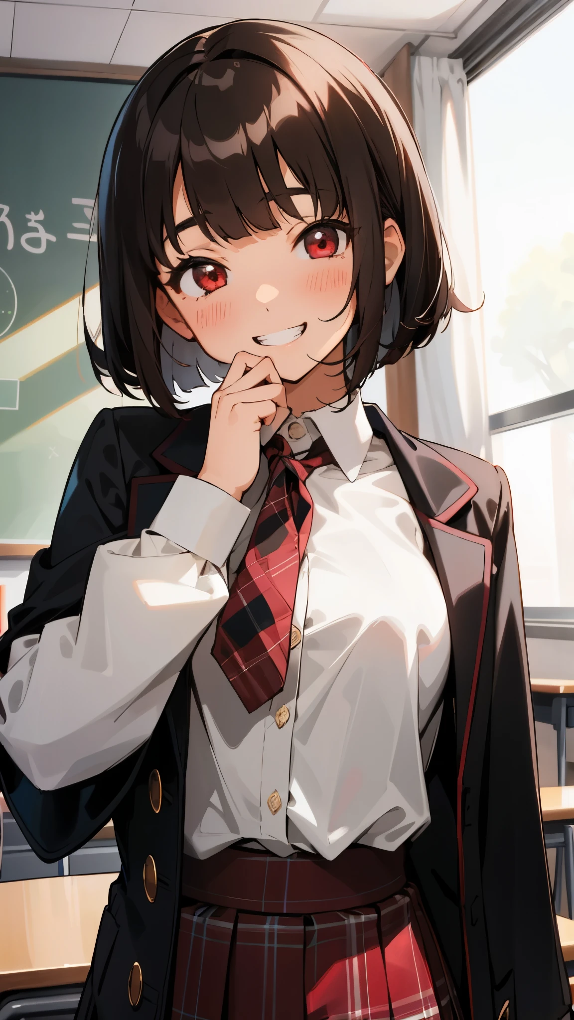 1 Girl、solo、Dark Brown Hair、Straight Hair、Blunt bangs、Bobcut、Wine red eyes、Knitted outerwear、white blouse shirt、Tartan Skirt、Upper body close-up、Cheeky Smile、Grin、Classroom after school