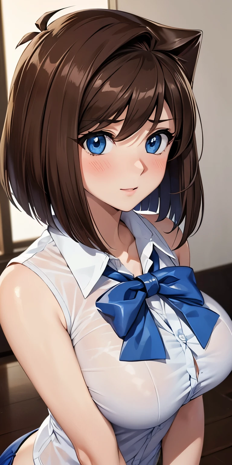 1 Female,High definition,high resolution,Ultra-realistic,8K, aamazaki, (antenna hair:1.2), blue bowtie,blue eyes,European,sexy,Upper body close-up,Photographed from the front,Dynamic Angles,private teacher,A little sheer underwear, underwear,blush, big tits 