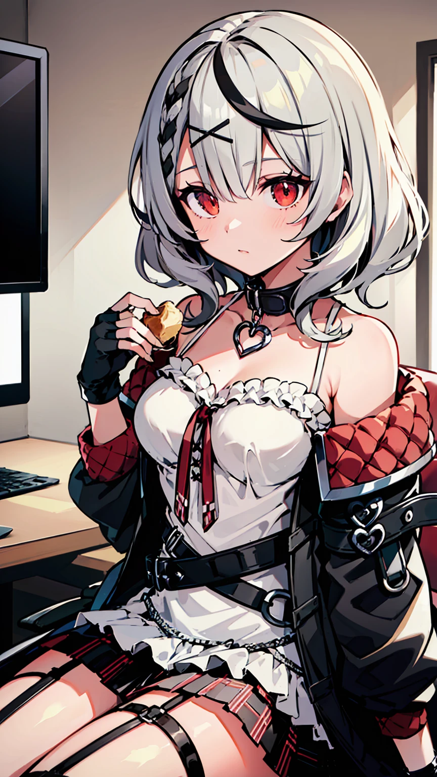 ((masterpiece, Best Quality, High resolution)), depth of field, 
break, One girl, Gaming Chair, Game Hair Sitting, Have a game controller,
break, (indoor), pc, pc display,   
break, (Sakemachi Chloe, Garter Straps, Fingerless gloves, Torn knee socks, Grey Hair, Multicolored Hair, Checkered skirt, Clevis, x Hair accessories, Red Skirt, Black collar, White camisole, chest, Braiding, black belt, Medium Hair, Black Jacket, Food Up, Checkered ribbon), ((Red eyes)), ((Beautiful detailed eyes))