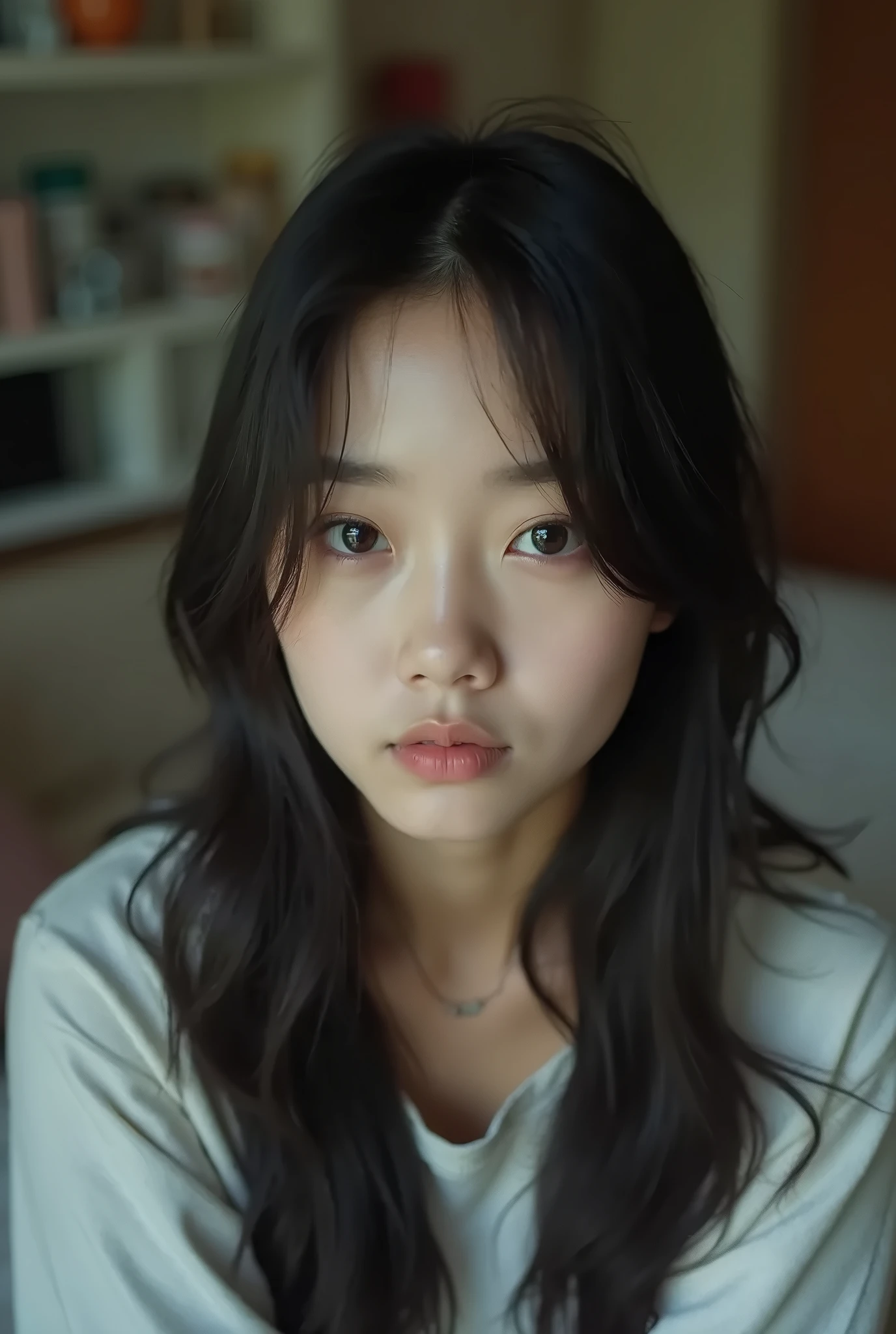 Sexy Woman, Open your mouth, Very deep blush, Red nose tip, Long neck, Medium Chest, Visible Cracks, Bedroom, Warm lighting , Lying in bed, Put your head on the pillow, look up 、uniform、OL、Clothing