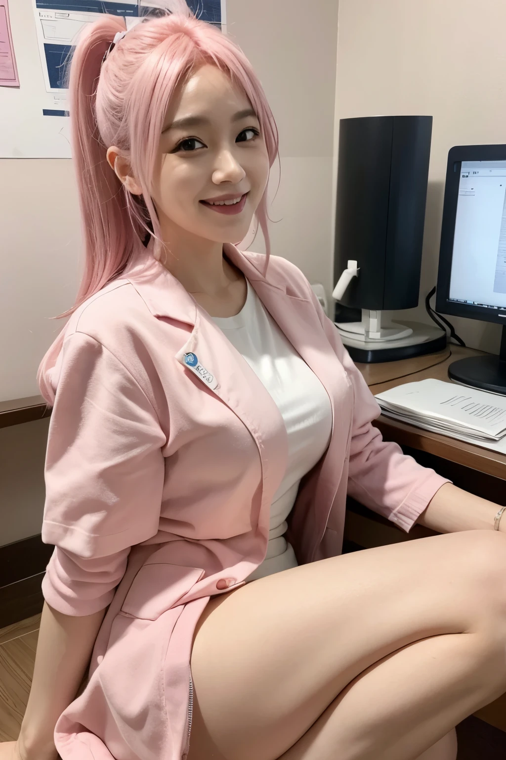 32K,High Quality, Masterpiece, Best Quality, Realistic, Lustrous Skin, Pretty Smile,1girl,Sexy Female Doctor,Thick Thighs,F Cup,Panties、White lab coat,Pink hair、Medical Equipment
