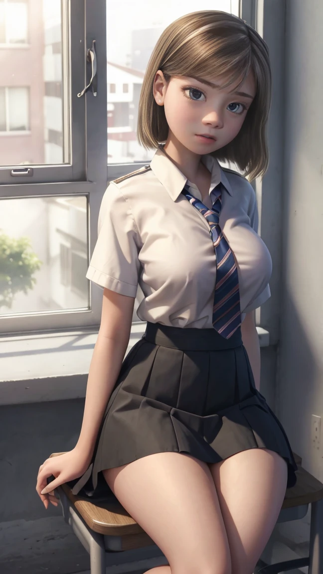 Riley in school uniform, short skirt and white shirt, big breasts, thick legs , sitting and touching a huge penis