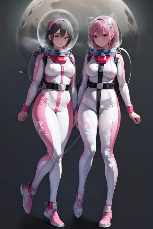 pink hair, bubble helmet, space helmet,wearing a (spacesuit:1.15), white cargo pants, hovering, flying, moon surface, earth, floating pose, happy, smilebeautiful 8k wallpaper, highly advanced, (sleek design:1.3), intricate, highres, superb, 8k wallpaper, extremely detailed, intricate,(2girl:1.5), (two girl:1.5),,2girl, two girl, 2girl, two girl, from side, 9space helmet:1.5), (8k, RAW photo, best quality, masterpiece), (photorealistic), outstanding details, ultra-high resolution, anatomically correct, textured skin,