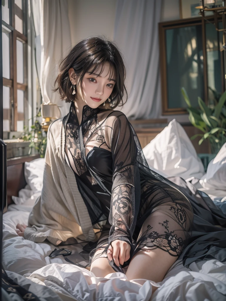 Brunette woman sitting on bed in light clothes, See-through, Translucent silk dress, translucent dress, hazy, Elegant seduction pose, Cover panties, transparent translucent cloth, Young sexy elegant, gorgeous woman, Silk Sheer Lingerie, Sexy Girl, stunning elegant pose, Charming and seductive, Big breasts, Hanfeng transparent suit, Wearing ordinary clothes, pure lust, Normal placement of the legs, Seductive behavior, Mature and elegant, Korean Beauty, Asian Face Shapes, Multi-color lace, Cover private parts,see -through、Ren Hao、with floral pattern、Transparent skin、wetted skin、Wet hair、amorous、A sexy