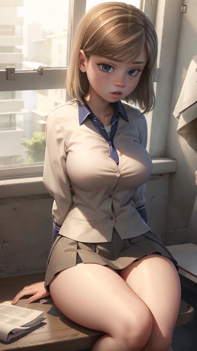 Riley in school uniform, short skirt and white shirt, big breasts, thick legs , sitting and touching a huge penis