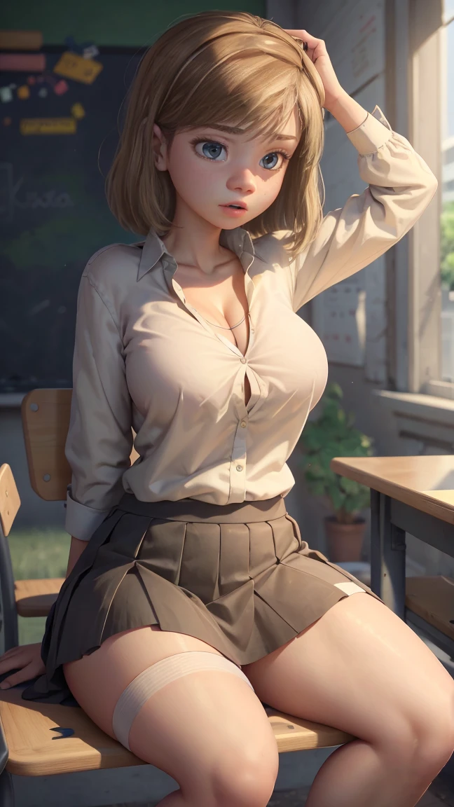 Riley in school uniform, short skirt and white shirt, big breasts, thick legs , sitting and touching a huge penis