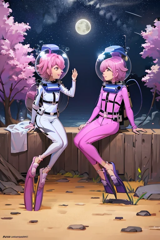 pink hair, bubble helmet, space helmet,wearing a (spacesuit:1.15), white cargo pants, hovering, flying, moon surface, earth, floating pose, happy, smilebeautiful 8k wallpaper, highly advanced, (sleek design:1.3), intricate, highres, superb, 8k wallpaper, extremely detailed, intricate,(2girl:1.5), (two girl:1.5),,2girl, two girl, 2girl, two girl, from side, 9space helmet:1.5), (8k, RAW photo, best quality, masterpiece), (photorealistic), outstanding details, ultra-high resolution, anatomically correct, textured skin,