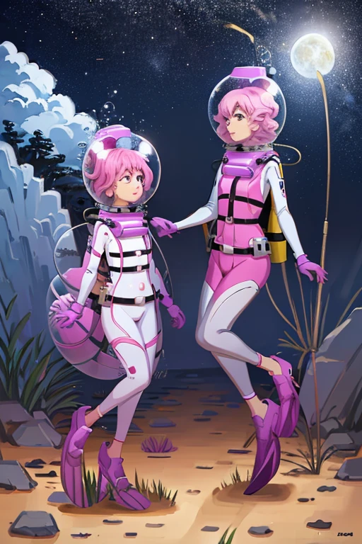 pink hair, bubble helmet, space helmet,wearing a (spacesuit:1.15), white cargo pants, hovering, flying, moon surface, earth, floating pose, happy, smilebeautiful 8k wallpaper, highly advanced, (sleek design:1.3), intricate, highres, superb, 8k wallpaper, extremely detailed, intricate,(2girl:1.5), (two girl:1.5),,2girl, two girl, 2girl, two girl, from side, 9space helmet:1.5), (8k, RAW photo, best quality, masterpiece), (photorealistic), outstanding details, ultra-high resolution, anatomically correct, textured skin,