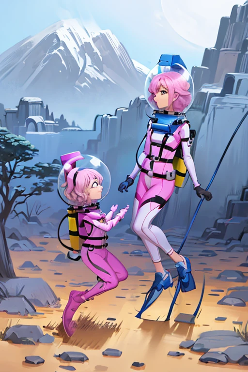 pink hair, bubble helmet, space helmet,wearing a (spacesuit:1.15), white cargo pants, hovering, flying, moon surface, earth, floating pose, happy, smilebeautiful 8k wallpaper, highly advanced, (sleek design:1.3), intricate, highres, superb, 8k wallpaper, extremely detailed, intricate,(2girl:1.5), (two girl:1.5),,2girl, two girl, 2girl, two girl, from side, 9space helmet:1.5), (8k, RAW photo, best quality, masterpiece), (photorealistic), outstanding details, ultra-high resolution, anatomically correct, textured skin,